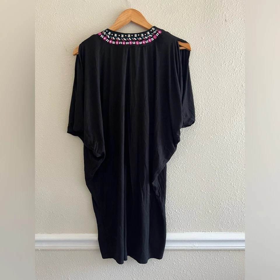 Túnica Nanette Lepore enfeitada com miçangas capa preta XS boho praia feminina - Imagem 4 de 4