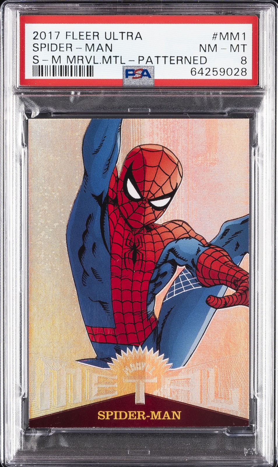 2017 FLEER ULTRA SPIDER-MAN MARVEL METALS PATTERNED #MM1 SPIDER-MAN PSA 8
