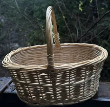Woven Wicker Basket with Handle  Yellow Boho Gathering Decor Farmhouse