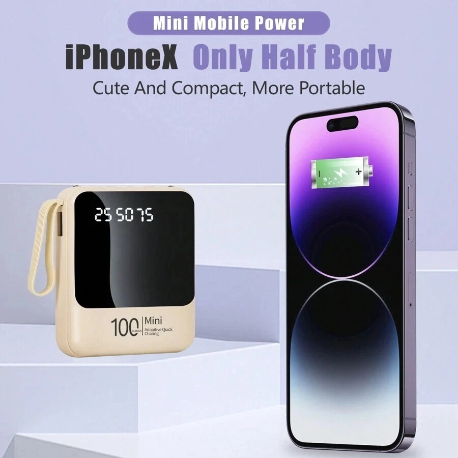 Power Bank 10000mAh Mini Portable – Fast Charging, Built-in Cables, LED Light