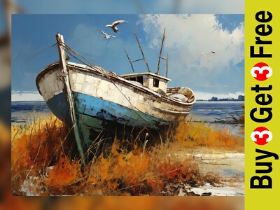 ''High Tide Serenity: Boot Ölgemälde Druck 5''''x7''