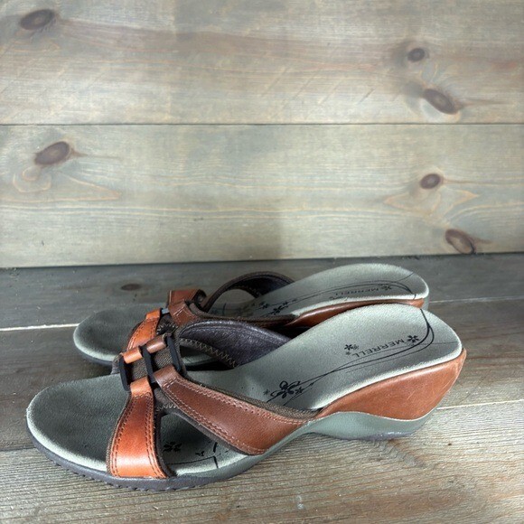 merrell dewberry donna misura 7 scarpe sandali marroni pelle slip on zeppa