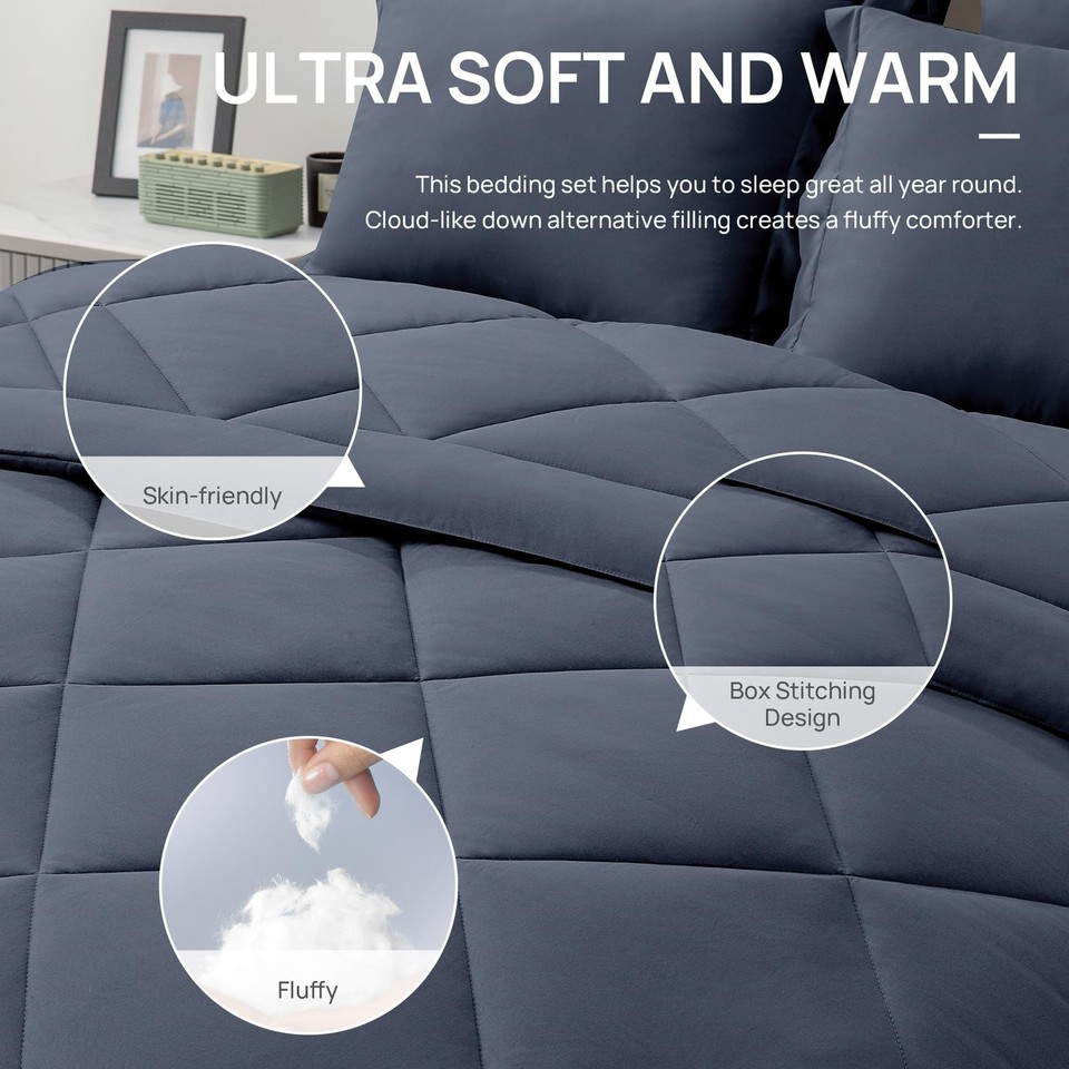 Queen Comforter Set Navy Blue, 7 Pieces Queen Bed in a Bag, All Season