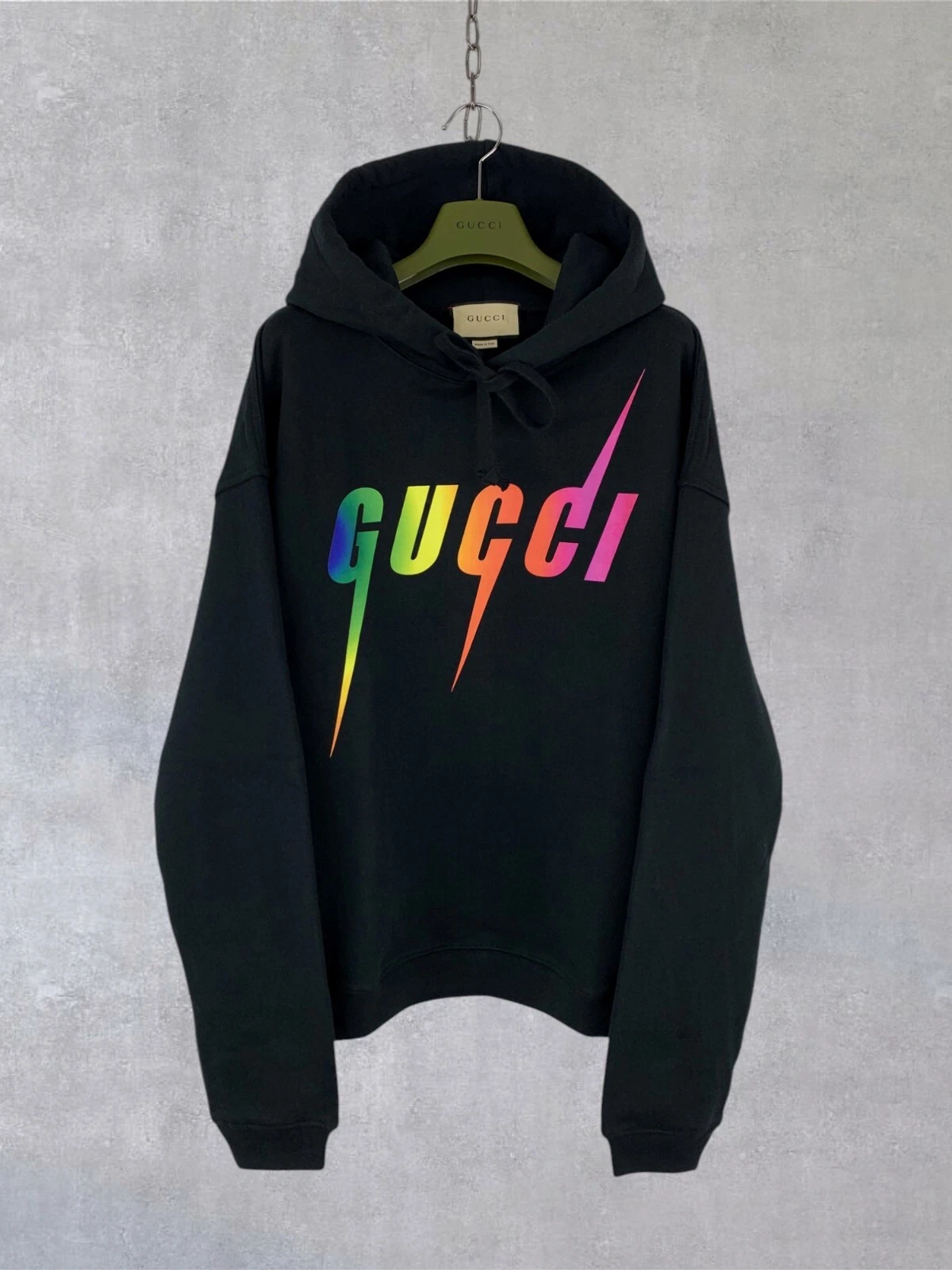 Felpa con cappuccio Gucci GG Blade arcobaleno stampa logo feltro cotone nera taglia M