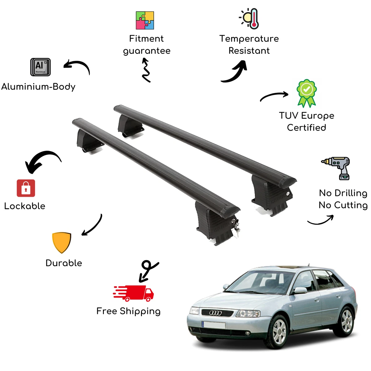 Barres de toit transversales pour Audi A3 8L 1996-2003 Acier Gris