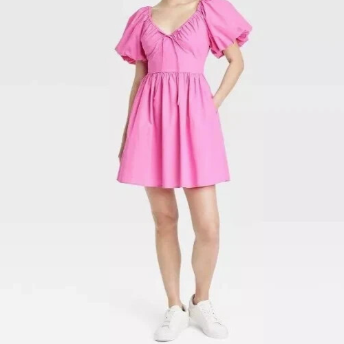 A New Day Women's "S" Barbie Pink Dress Puff Short Sleeve Smocked Mini Dress - Picture 1 of 3