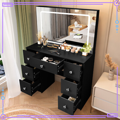 Black Vanity Dressing Table With Dimmable LED Light Mirror 7 Drawers Makeup Desk