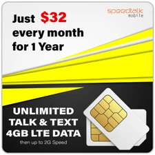 SpeedTalk 1 Year SIM Card - Monthly Unlimited Texts, Calls & 4GB 5G 4G Data Plan