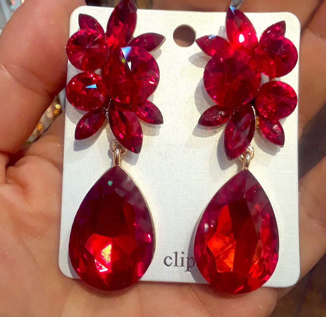 Teardrop Clip On Earrings Wedding Crystal Rhinestone Long Cocktail Prom