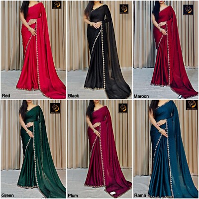 Traditioneller Hochzeit reiner weicher Satin Chiffon Sari, indischer stilvoller Sari KK-BM