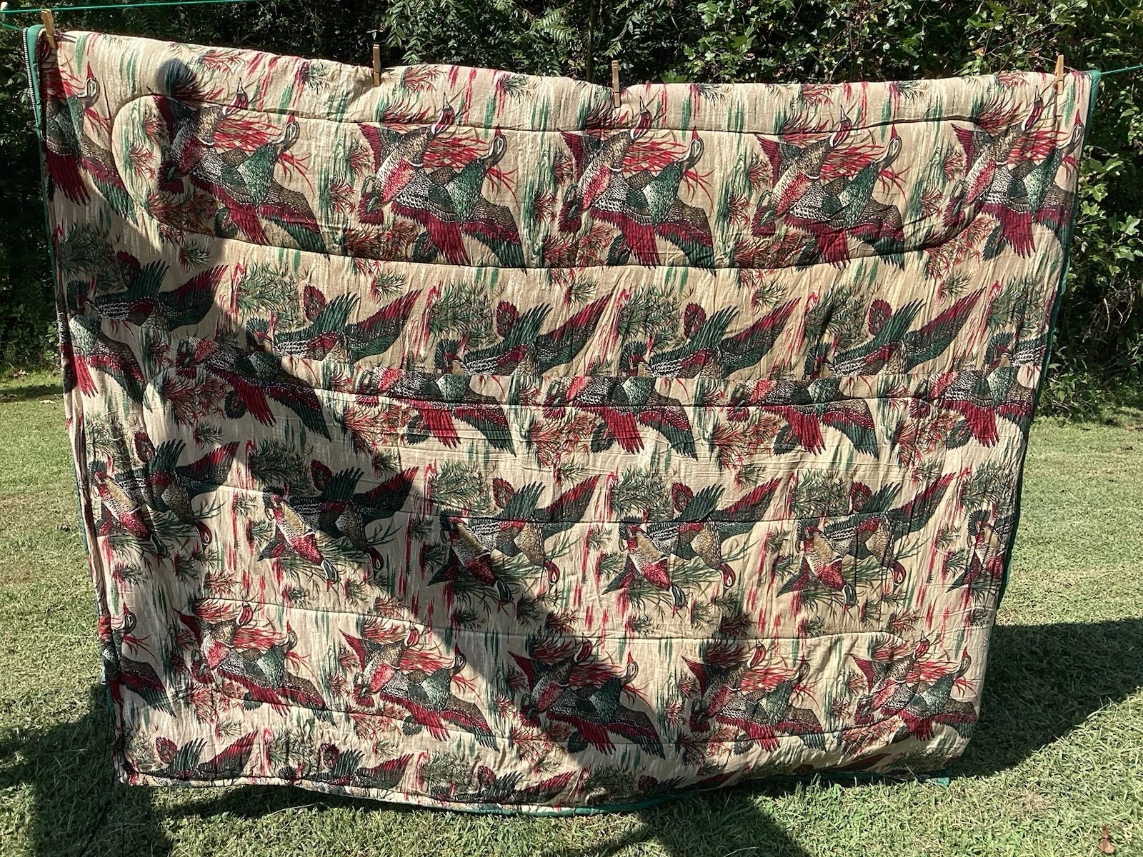 Vtg Sleeping Bag Flannel Lined Ducks Birds Green Camping Outdoor Hunting 83x38.