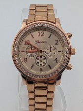 Geneva Watch Women Rose Gold 37mm Bling Pave Bezel 7" Band- New Battery
