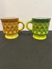 VTG Lot (2)Fire King Anchor Hocking Green & Brown/Yellow Diamond Coffee Mug Cups
