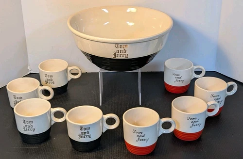 1940s Tom & Jerry Ivory Punch Bowl Set Universal Pottery Cambridge OH 8 Cups