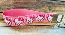Key Fob Chain Holder Wrist Lanyard Strap Cartoon Anime Kitty Pink Stripe Bow RTS