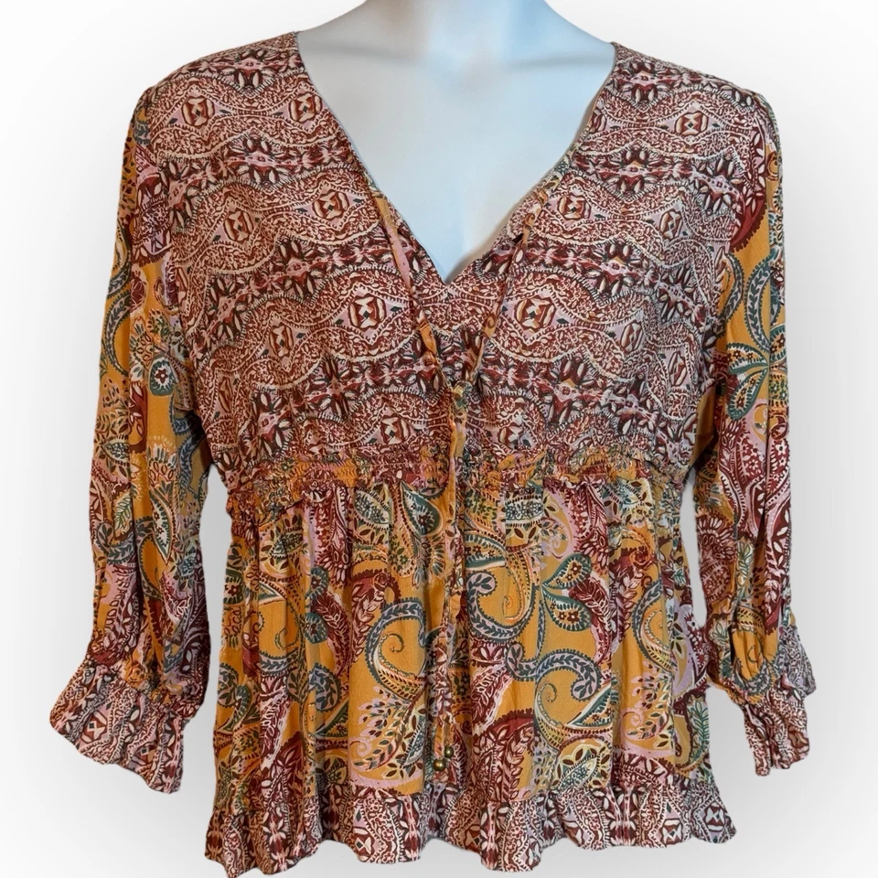 Romantic Gypsy Womens Plus 2X Orange Red Floral Paisley Smocked Ruffle Top Boho - Image 2 of 4