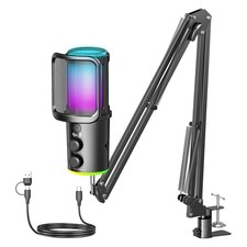 Gaming USB Microphone, Noise Cancellation Condenser Mic with Mute,Boom Arm Mi...
