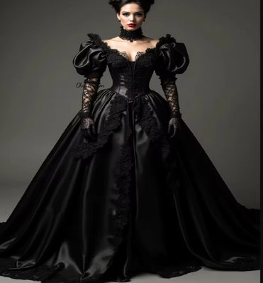 Medieval Witchy Black Gothic Wedding Dress Short Sleeve Lace Tudor