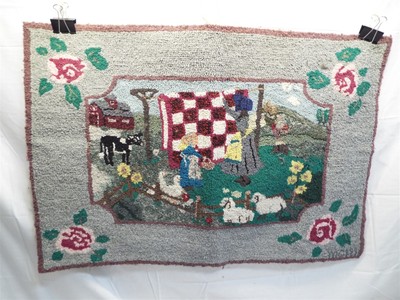 Vintage Hooked Rug Art Kitchen Mat Hand Made Farm Scene Cow Sheep Runner