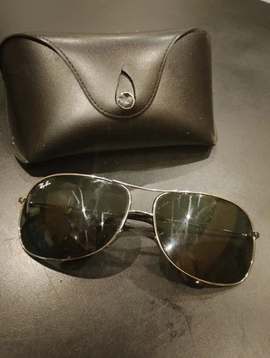 Ray-Ban RB3267 Aviator Sunglasses Silver Metal Frame Green Glass w/ Case