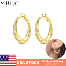 MULA European Women Hoop Earrings Golden Sparkling Three Ring 925 Silver Jewelry