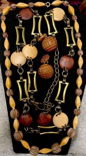 2 Brown Tone Necklaces Bronze Tone + Round Earrings Wood And Faux Wood