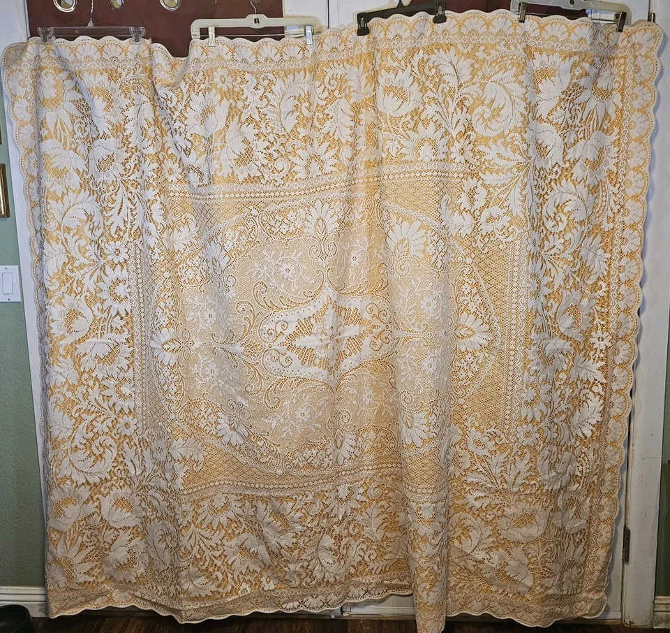 Vtg Filet Lace Tablecloth 80x67 Gold Backing Floral Scalloped Edge French Style - Image 3 of 4