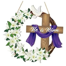 He is Risen Easter Decoration Wooden Wreaths for Front Door Sign Large Lily