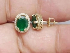 3Ct Oval Cut Lab Created Emerald Halo Women's Earrings 14k Yellow Gold Plated
