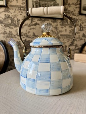 MacKenzie-Childs SKY Check Enamel Tea Kettle - 2 Quart, New
