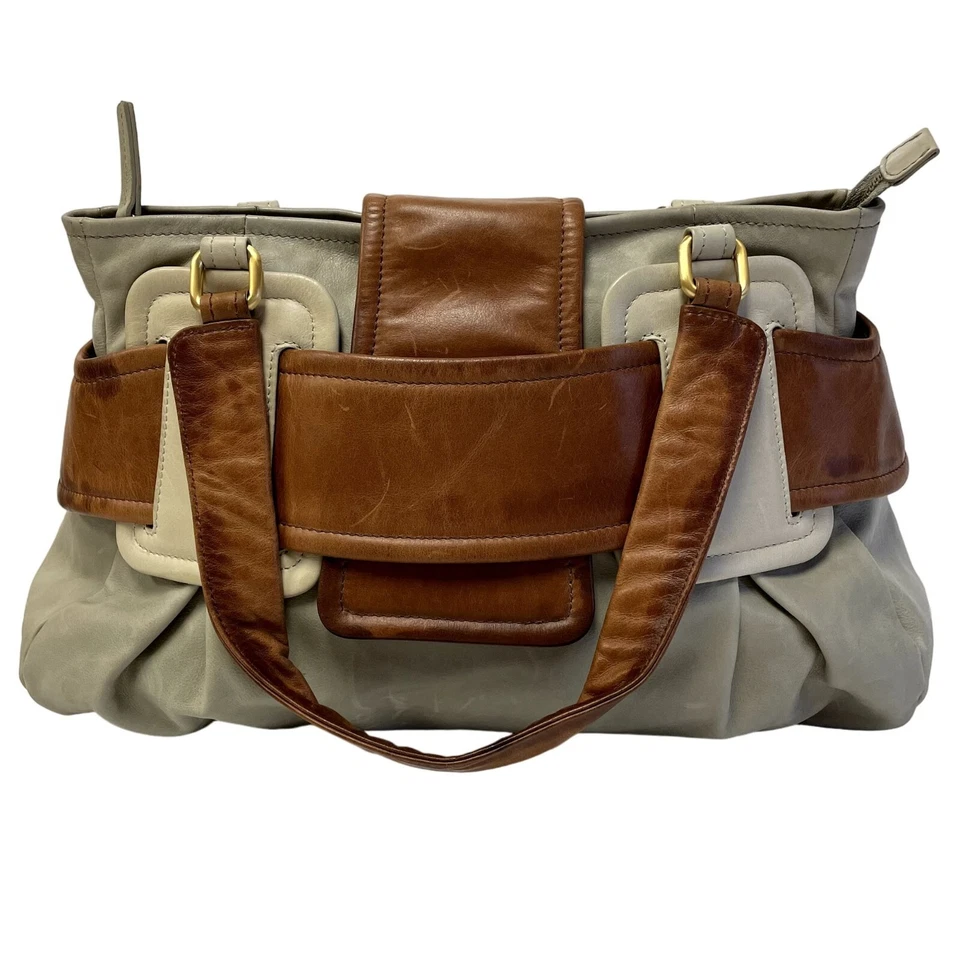 Vtg Style Sondra Roberts 2 Tone Bone Brown Leather Hand Bag BOHO Shoulder Purse - Image 2 of 4