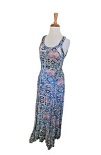 Bohemian SOLITARE Multicolor Patchwork Lined SUNDRESS DRESS Maxi Ruffle Hem M