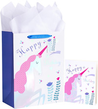 13" Large Birthday Gift Bag with Card and Tissue Paper - Adorable Unicorn with H