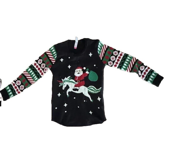 No Boundaries Ugly Christmas Sweater Juniors Small Santa On A Unicorn  Striped