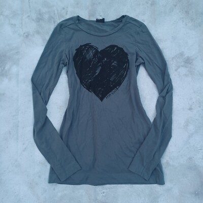 Seltenes Miss Sixty Y2K Top Damen XS Herz Print Grau Langarm Grunge Vintage 00s