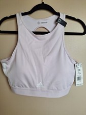 Adidas Womans L Aeroready Almost Pink Cut Out Back 3 Stripped Padded Sports Bra