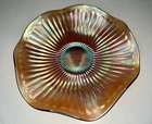 Vintage Ruffled Marigold Carnival Glass Bowl with Ribbed or Ray Design