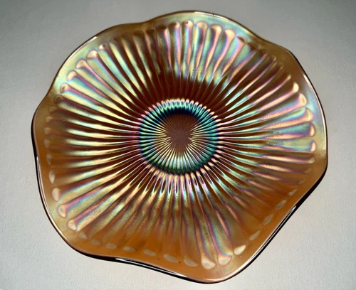 Vintage Ruffled Marigold Carnival Glass Bowl with Ribbed or Ray Design