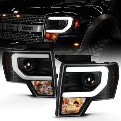 [For HALOGEN] Black 2009-2014 Ford F150 Raptor LED Tube DRL Projector Headlamps