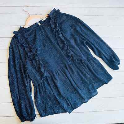 H&M Blue White Printed Ruffled Long Sleeve Blouse Size 14