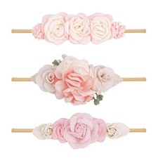 3pcs Baby Girl Headbands Flowers, Super Soft  Stretchy Nylon Floral Baby Pink