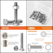10Set 1/4-20x3" Stainless Steel Hex Head Screws Bolts, Nuts, Flat & Lock Washers
