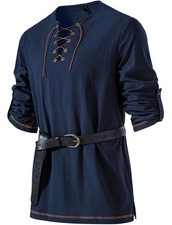 JEMITOP Mens Pure Cotton Vintage Shirt Renaissance Costume X-Large, Navy Blue