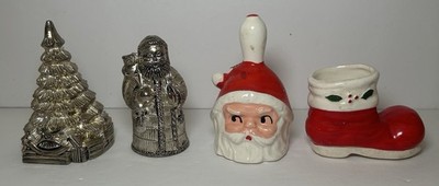 Vtg Santa Claus & Christmas Tree Salt/Pepper Shakers Christmas Boot & Santa Bell