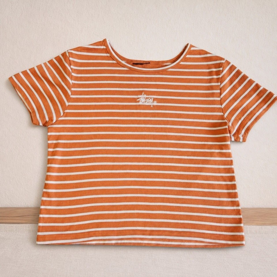 Stüssy Orange Stripe Crop Baby Tee Women’s Skater Grunge Retro Indie Streetwear