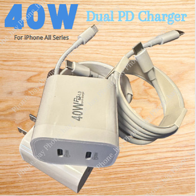 For iPhone 15 16 14 13 12 Android 40W Dual USB-C Fast Charger Block Type-C Cable