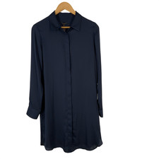 Quince Women Washable Stretch Silk Shirt Dress Blue M