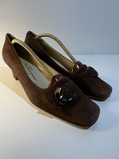 Vintage Salvatore Ferragamo Boutique Brown Suede Square Toe Pumps Tortoise 7 B
