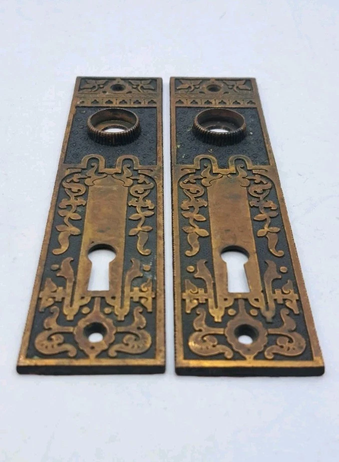 Antique Ornate Door Knob Backplates Old Vintage Brass Door Hardware Lot of 2 - Image 3 of 4