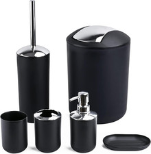Compact 6-Piece Black Plastic Bathroom Accessories Set with Small Trash Can, Soa